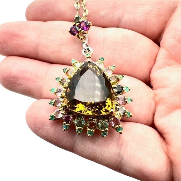 Womens Necklace Gold over Sterling Silver Citrine Tourmaline Pendant 16" Chain - Picture 3 of 6